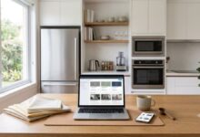 Cozinha moderna com eletrodomésticos organizados e pessoa pesquisando compra em notebook