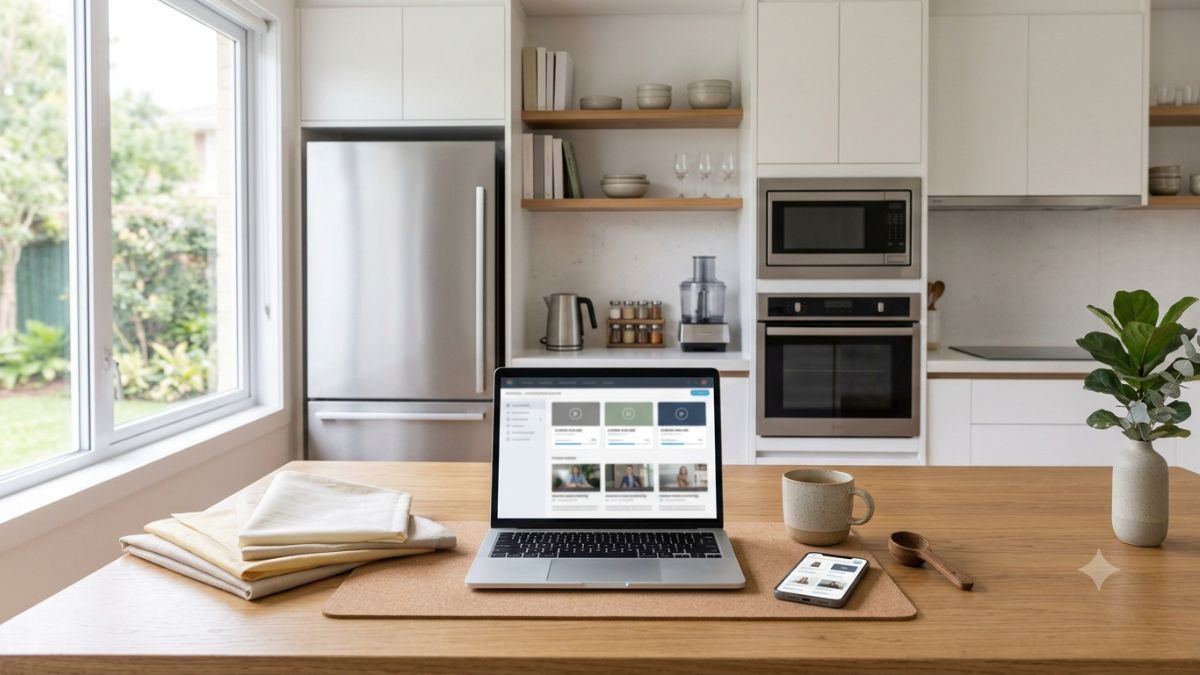 Cozinha moderna com eletrodomésticos organizados e pessoa pesquisando compra em notebook