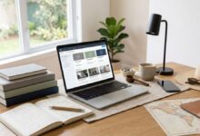 Mesa de estudos com notebook, caderno, livros e xícara em ambiente organizado para cursos online