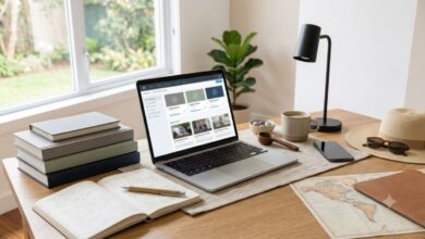 Mesa de estudos com notebook, caderno, livros e xícara em ambiente organizado para cursos online