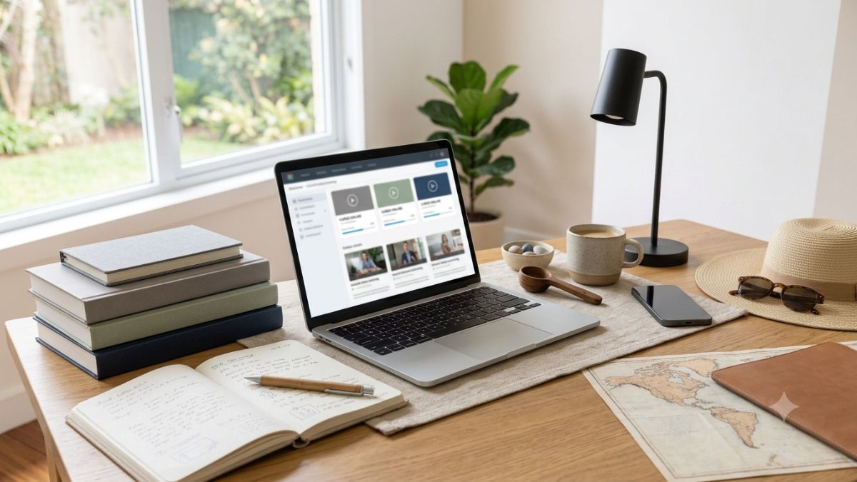 Mesa de estudos com notebook, caderno, livros e xícara em ambiente organizado para cursos online