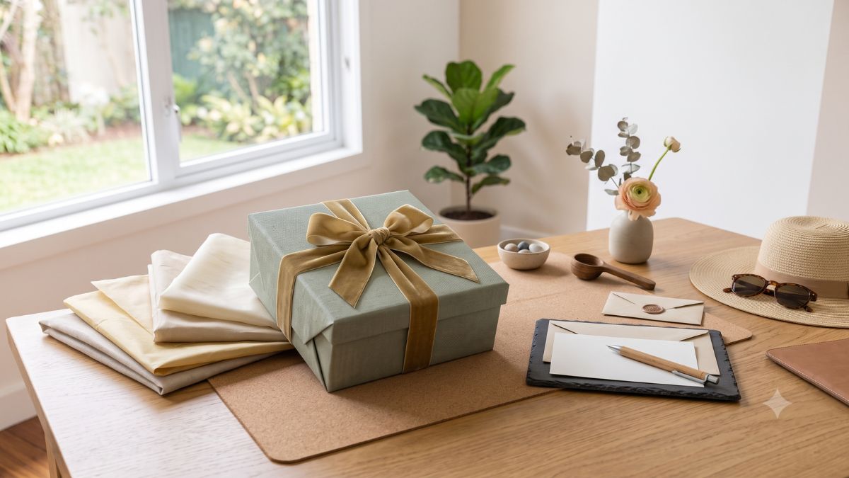 Caixa de presente elegante com laço sobre mesa clara em clima de aniversário